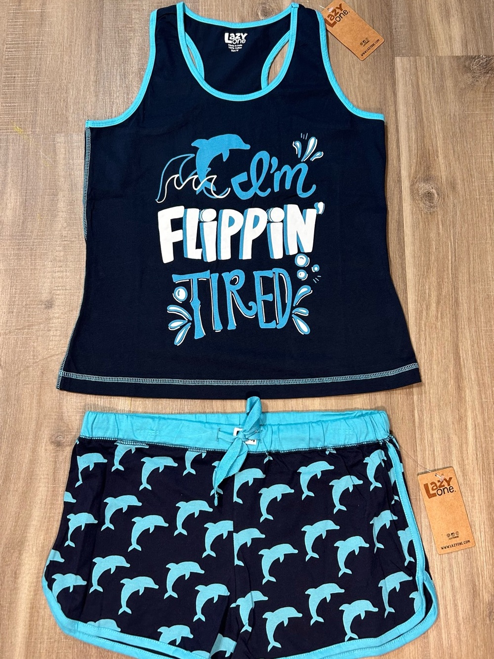 Lazy One Navy & Aqua Dolphin 'I'm Flippin' Tired'  Pajama Set